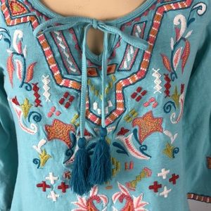 100% Cotton. Beautiful Aqua blue embroidered summer evening shirt